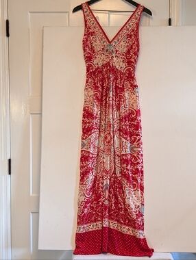 Angie Red Paisley Boho Maxi Dress Sleeveless V Neck Smocked Back Large Breezy